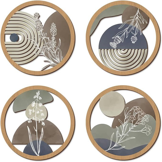 TOARTi 4Pieces Boho Botanical Wooden Wall Art,Farmhouse Geometric Round Wall Decor,Vintage Bohemian Plants Hanging Art,Morden Minimalist Aesthetic Artwork for Bedroom Living Room