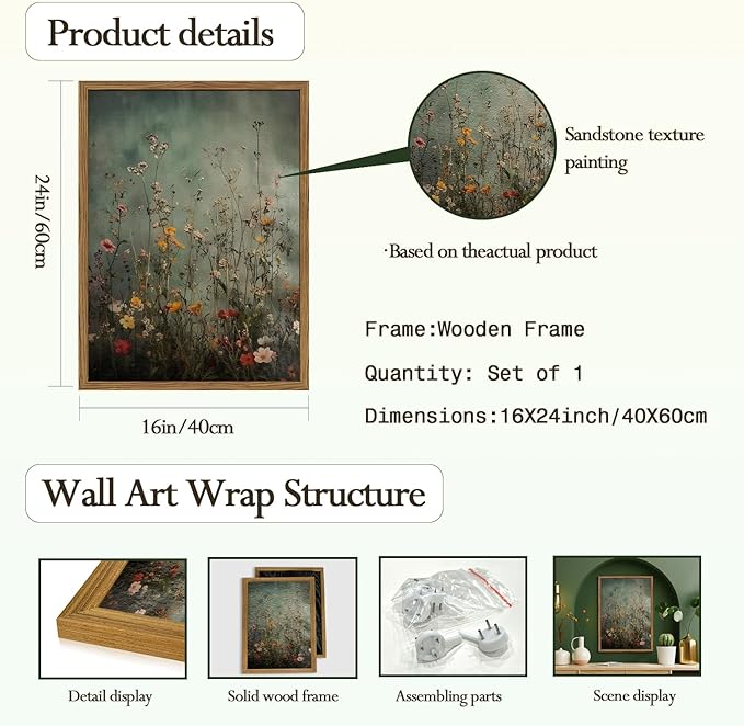 Vintage Wildflower Wall Art, Green Flower Wall Decor Painting, Hand Drawn Sandstone 3D Textured Farmhouse Botanical Nature Landscape Artwork for Living Room Bedroom 16x24 inch Wood Framed