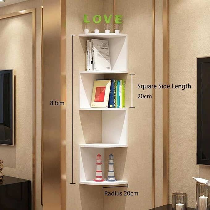 No-Drill Corner Shelf Wall Mount, 5-Tier Floating Corner Bookshelf with Hooks, Space-Saving Zigzag Plant Shelf for Bedroom, Living Room, Bathroom, Home Office