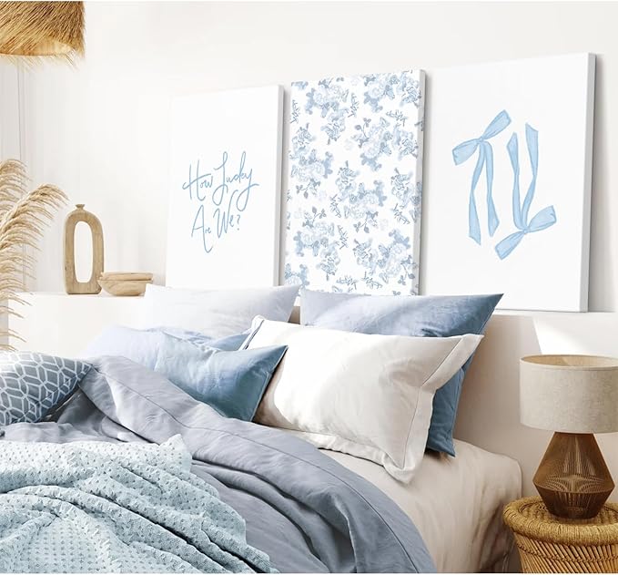 Blue Bow Wall Art Floral Canvas Wall Decor Coquette Flower Wall Art Trendy Aesthetic Poster Girly Preppy Pictures Blue Floral Prints for Living Room Bathroom 12x16 Inch Framed Set of 3