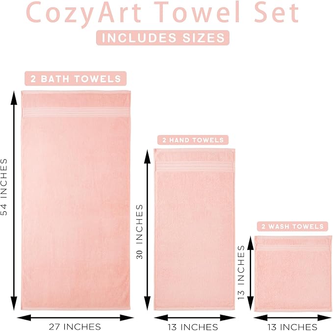 COZYART Pink Bathroom Towel Set 6Pcs, 100% Turkish Cotton Bath Towel Sets for Bathroom, Soft Absorbent, 650 GSM Luxury 6 Pcs with 2 Bath Towels, 2 Hand Towels, 2 Washcloths