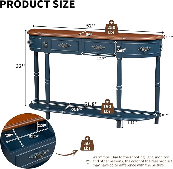 Retro Curved Console Table, 52" Half Moon Sofa Entryway With 2 Drawers 1 Open Shelf, Solid Pine Legs for Living Room, Hallway, Navy Blue