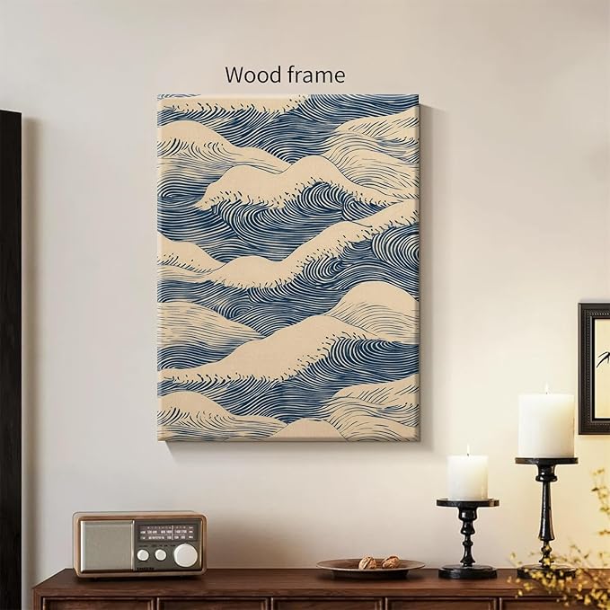 Japanese Blue Wave Canvas Poster Modern Abstract Geometric Wall Art 08x10 inch Framed Vintage Mid-Century Wabi Sabi Prints for Minimalist Living Room Dorm Wall Decor