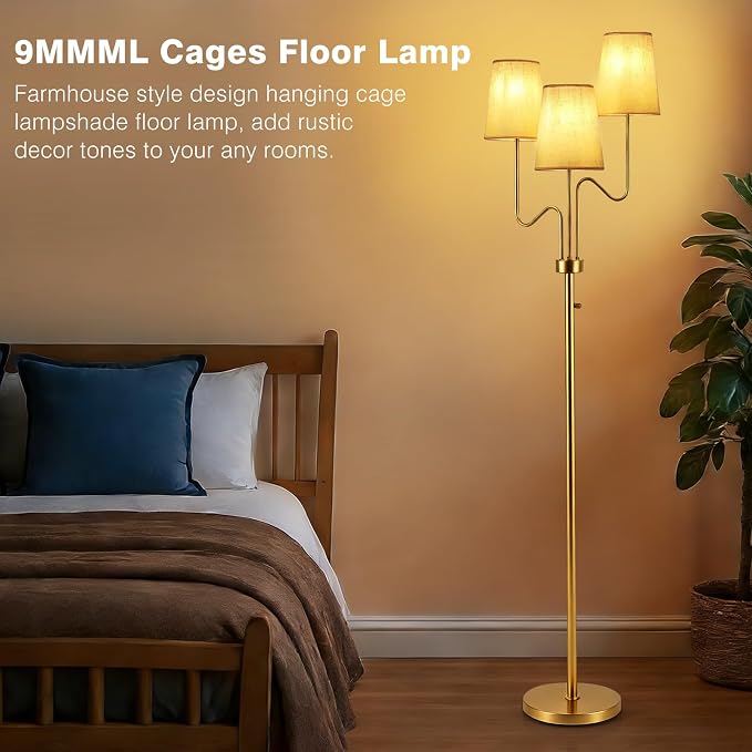 9MMML Farmhouse Gold Dimmable Floor Lamp, Rustic 3-Light Floor Lamp with Fabric Shade, 68'' Tall Floor Standing Lamp for Living Room, Bedroom, 3 x E26 LED Bulb Included