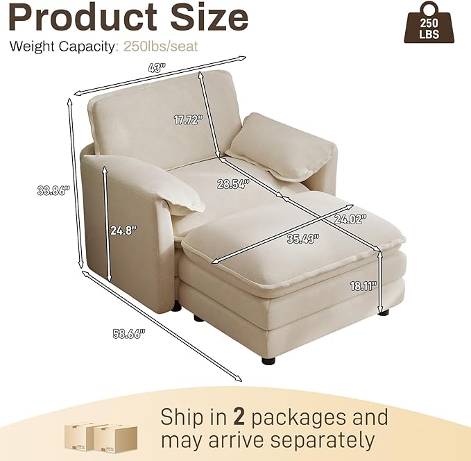 Oversized Chaise Lounge Chair Indoor with Ottoman, Firm Solid Wood Frame with Long Service Life Chenille Oversized Lounge Reading Chair for Study Room - Beige White