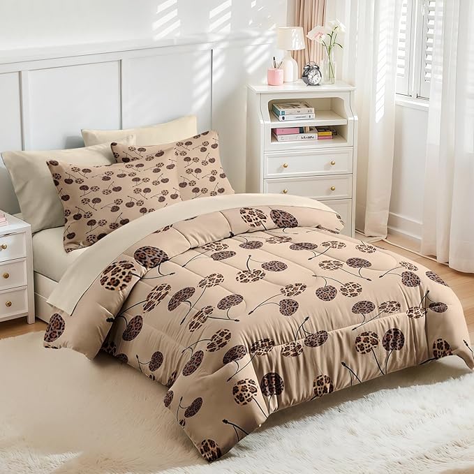 Nesker 7 Pcs Comforter Set Full Size, Cherry Leopard Beige Bedding Set for Kids and Adults, Modern Cute Brown Bed Sheet Sets with Fitted Sheet 2 Pillowcases & 2 Shams