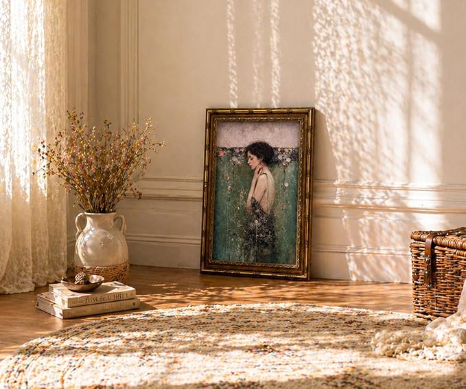 dzbLuck Vintage Ophelia Wall Art Print, Romantic Victorian Gothic Dark Academia Decor, Antique Female Portrait, Moody Floral Poster, Gold Frame 12x16 Inch