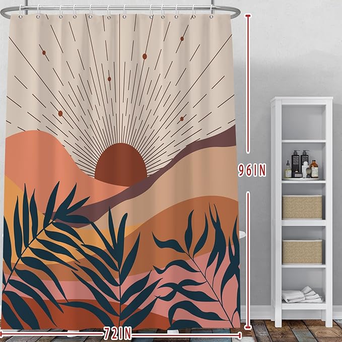 Baocicoo Boho Abstract Sun Shower Curtain Mid Century Sunrise Mountain Shower Curtain for Bathroom Minimalist Aesthetic Bathroom Decorations Waterproof Curtain for Bath with Hooks 72x96 Inches