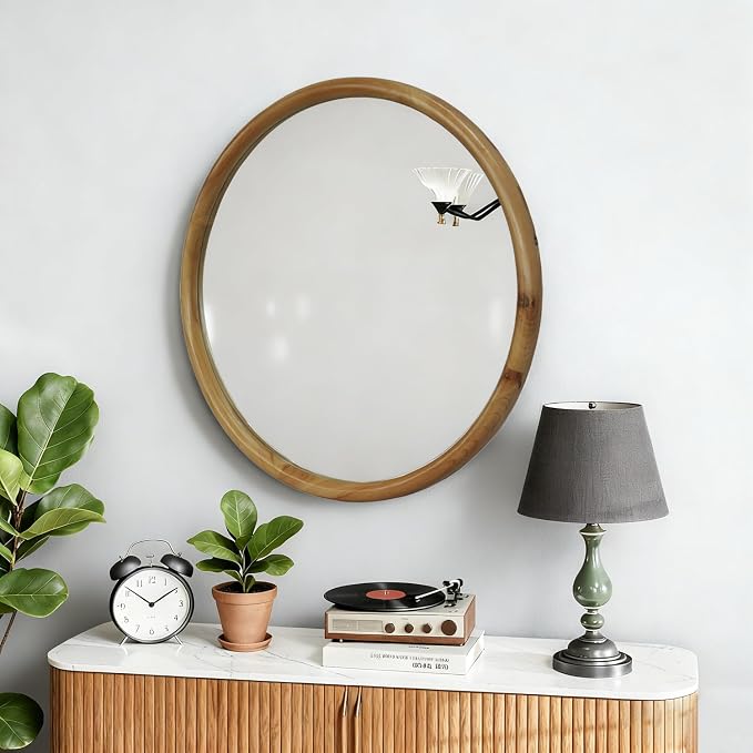 Round Wood Framed Wall Mirror Mid-Century Modern Decorative Bathroom, Bedroom, Entryway