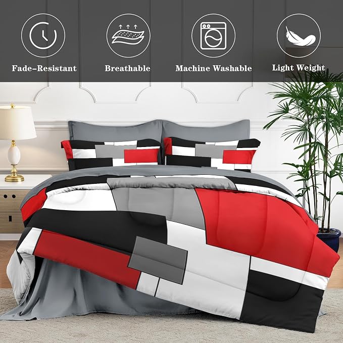 WeCozy 5 Pcs Twin Size Comforter Set with Pillowcase & Sham, Red and Black Geometric Bedding for Kids and Adults, Abstract Gray Bed in a Bag with Flat Fitted Sheet