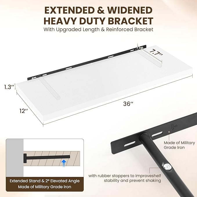 Dreamland 36" Floating Shelves for Wall, 12" Deep Slim White Floating Shelves, Wall-Mounted Shelves for Bedroom, Living Room, Kitchen, Bathroom - Set of 2