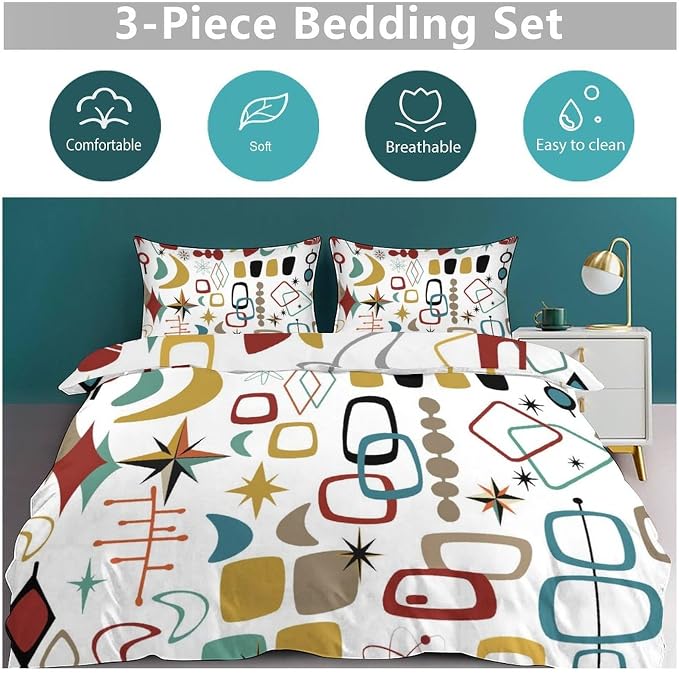 Mid Century Modern Bedding Set,Retro Geometric Colorful Diamond Abstract Geometric Vintage 60s 70s Pattern Comforter Set with Pillowcase for Bedroom Bed Decor,King 102"x90"