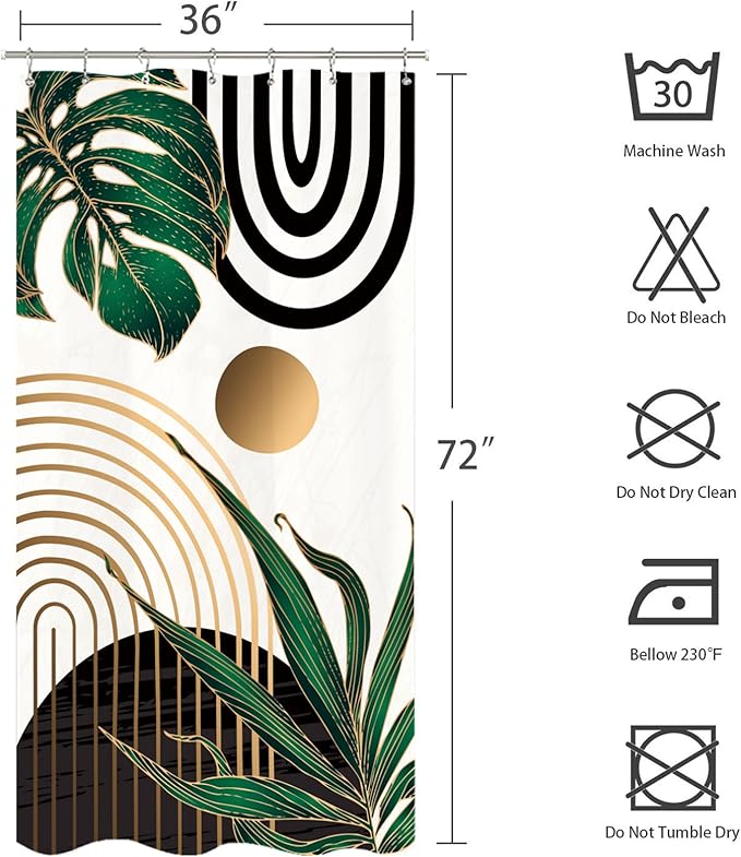 Miyotaa Stall Emerald Green Shower Curtain Set 36Wx71H Inches Abstract Small Half Minimalist Modern Tropical Leaves Geometric Aesthetic Contemporary Waterproof Bathroom Curtain with 12 Hooks