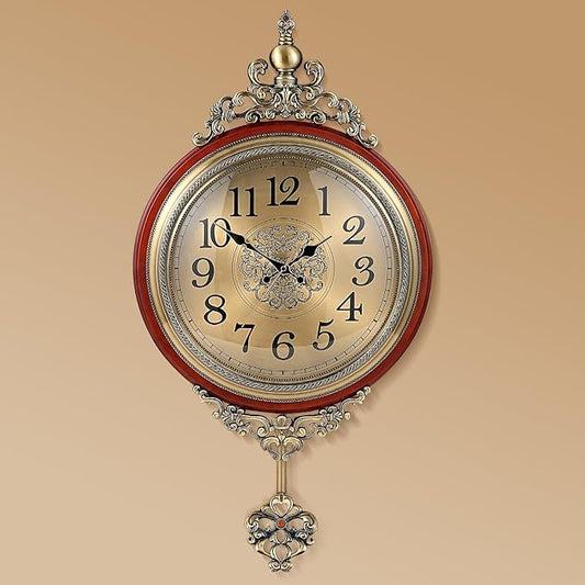 Vintage Wall Clock with Pendulum,Diameter 16 in/Full Length 30.7 in Large Retro Metal and Glass Silent Clock for Living Room, Antique Wood Pendulum for Dining Room Office Home Decor