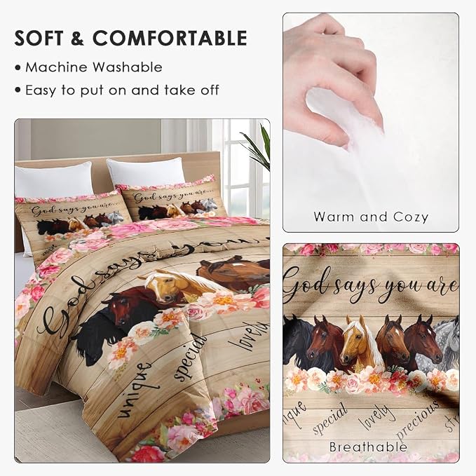 WeCozy Queen Size Comforter Set with 2 Pillowcases, Colorful Horses Animal Pink Flower 3 Pcs Bedding for Kids and Adults, Inspirational Thoughts Soft Comforter Set for Bedroom Bed Decor