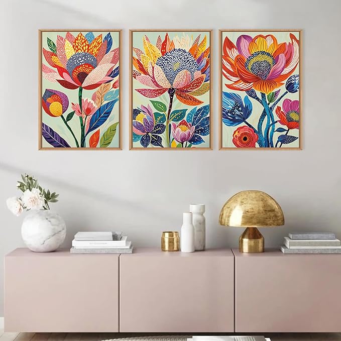 HPINUB Abstract Botanical Floral Framed Canvas Wall Art Set,Colorful Dot Art Modern Flower Wall Decor,Vibrant Blooming Flowers Artwork Eye-Catching Boho Art Print for Living Room,Bedroom-24"x36"x3