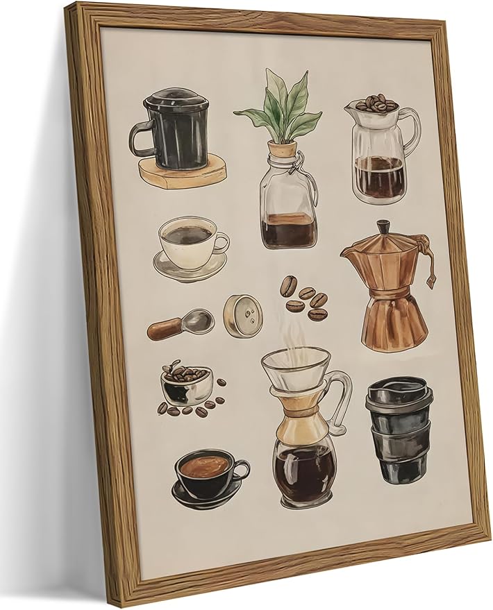 Framed Vintage Coffee Canvas Wall Art, Funky Espresso Coffee Tools Poster Prints, Modern Farmhouse Aesthetic Painting, Retro Kitchen Cafe Living Room Wall Decor for Coffee Lovers, 16x24in