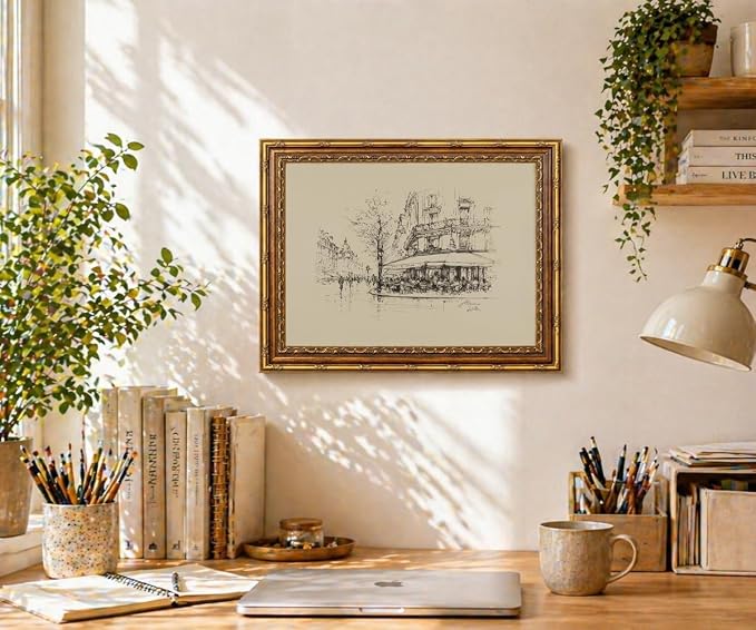 Vintage Paris Street Cafe Sketch Wall Art Print, Gold Framed European Cityscape Poster Living Room and Bedroom Decor 12x16 Inch