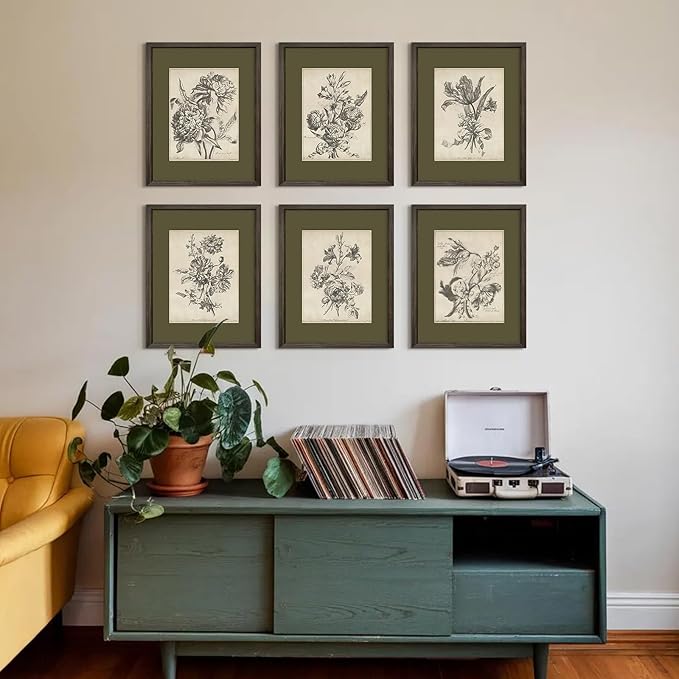 Vintage Floral Wall Art Sketch Flower Prints Antique Botanical Canvas Wall Art Decor Vintage Etchings Floral Poster Green Botanical Painting Sage Green Artwork for Bedroom 12x16x6 Inch Wood Framed