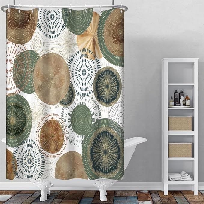 Mid Century Retro Bohemian Shower Curtain for Bathroom Green and Brown Circle Shower Curtains Abstract Geometric Design Bathroom Decor Set Washable Waterproof Polyester Fabric with Hooks 36x72 Inch