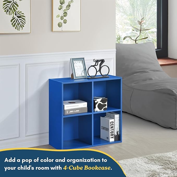 Kings Brand Furniture George 4-Cube Storage Organizer, 2-Tier Bookcase with Wood Shelves for Living Room, Bedroom, Nursery, or Home Office (Blue, 2-Pack)
