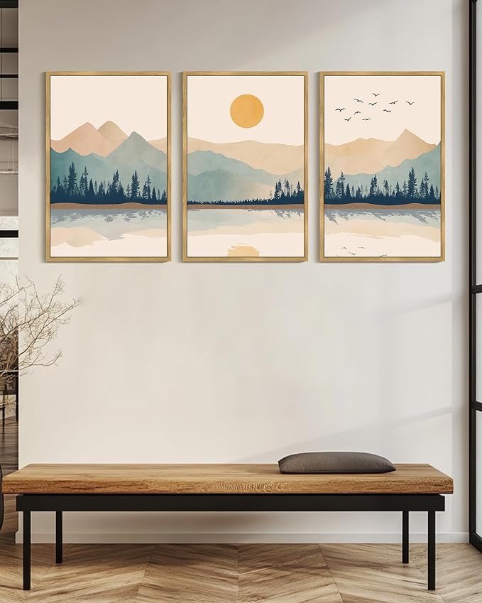 KUVIOKE Mountain Landscape Framed Canvas Wall Art Watercolor Nature Laker Painting Sun Rises Boho Farmhouse Rustic Room Decor for Bedroom Dining Room 24x36in (Natural Framed)