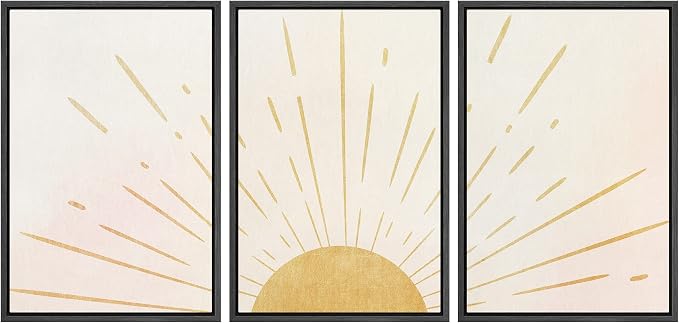 wall26 Framed Wall Art Print Set Shining Yellow Sun on The Horizon Geometric Nature Illustrations Modern Art Mid-Century Modern Colorful for Living Room, Bedroom, Office Natural - 16"x24"x3 Black