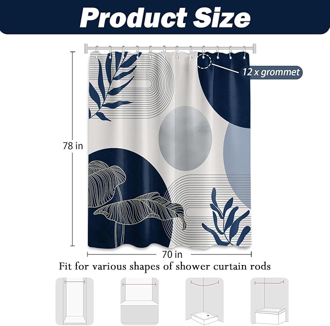 Navy Blue and White Shower Curtain Mid Century Modern Dark Blue Boho Shower Curtains for Bathroom Decor MCM Mens Cool Bath Curtain Set, Waterproof Fabric with Hooks 70 x 78 Inch