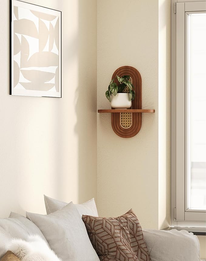 Floating Shelves for Wall, Boho Rattan Plant Shelf Set of 2, Mid Century Small Decorative Shelf Wall-Mounted, Natural Wood Shelves for Living Room,Bedroom,Nursey Room (Walnut)