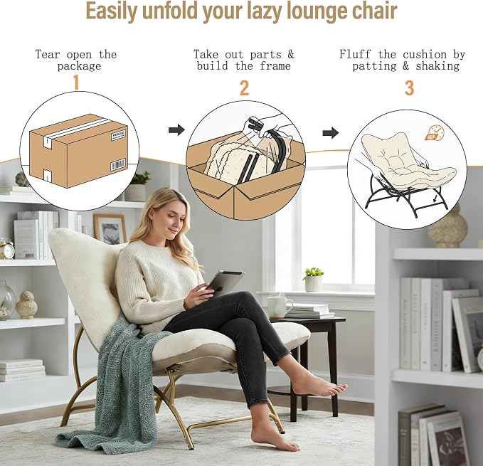 Tiita Accent Lazy Chair, Comfy Lounge Chair with Metal Frame and Plush Fabric, Spacious Seat Cozy Recliner Chair for Reading Room, Living Room, Bedroom, Office, Beige