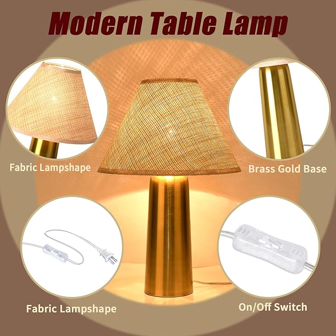 Brass Gold Rattan Table Lamp for Bedroom, Modern Wicker Lamps for Bedside Nightstand, Small Table Rattan Shape Lamps for Small Spaces for Kitchen Counter, Home Office, Living Room, Kids Dorm