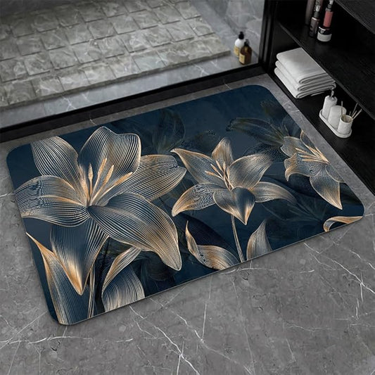 Diatomaceous Earth Bath Mat,Abstract Dark Flowers in Golden line Non-Slip Volume Super Absorbent Fast Drying for Bathroom Kitchen mat,Eco-Friendly Easy to Clean 16×24Inch (40 * 60cm)