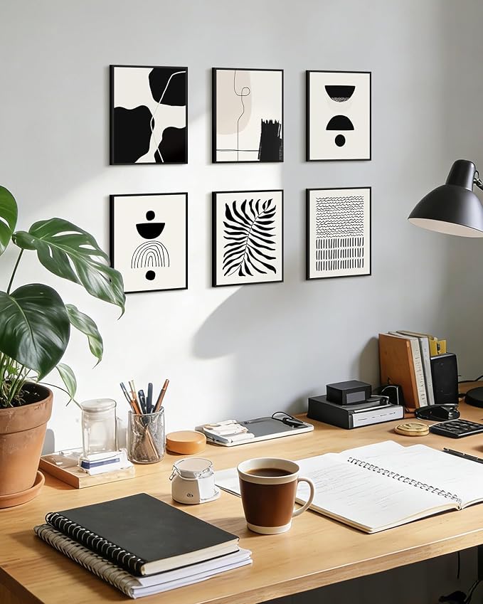 KUVIOKE Black Abstract Framed Wall Art Boho Room Decor Set of 6 Minimalist Geometric Line Art Bohemian Mid Century Modern Prints for Bedroom Living Room 8x10in (Black Framed)