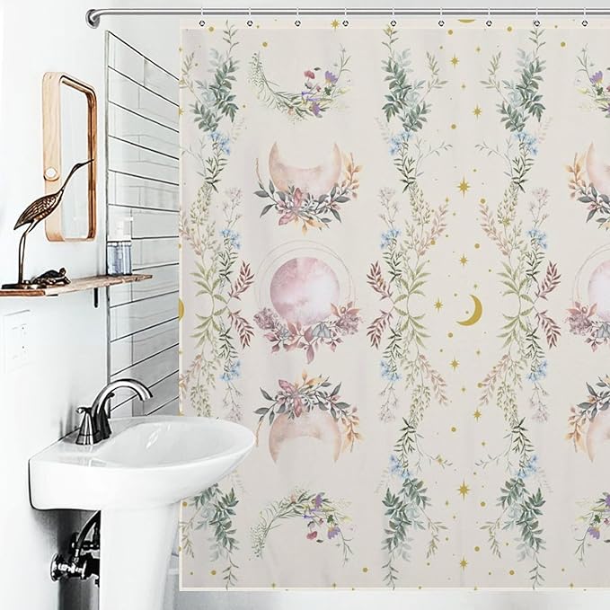 Moon Phase Flowers Shower Curtain Moonlit Herb Wildflower Witchy Celestial Flower Botanical Waterproof Shower Curtains for Bathroom Decor 12 Pack Hooks 72x72in (183x183cm)