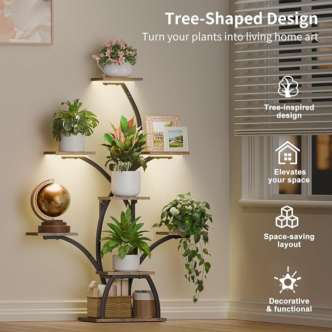 CODACE Plant Stand Indoor with Grow Lights, 6 Tiered Plant Shelf Indoor, 50" Corner Plant Stands for Indoor Plants, Lighted Tree-Shaped Plant Holder, Tall Flower Display Rack for Living Room