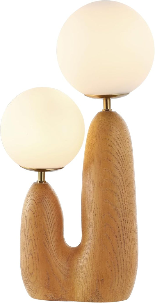 JONATHAN Y JYL4065A Oda 17.75" 2-Light Modern Bohemian Resin/Iron/Frosted Glass Danish Cactus LED Table Lamp, Brown Wood Finish, for Living Room, Office, Bedroom