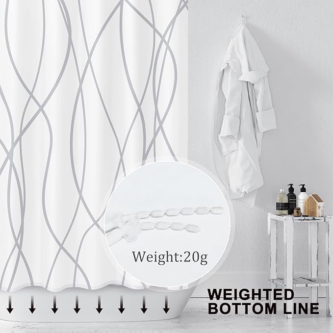Punkray Grey and White Striped Polyester Shower Curtain for Bathroom with Hooks, Weighted Hem, Waterproof Bath Accessories Hotel Style - Machine Washable, 72 x 78