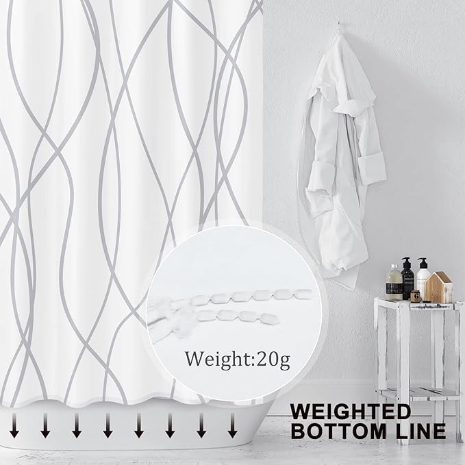 Punkray Polyester Shower Curtain Grey and White Striped for Bathroom with Hooks, Extra Long 84 Inches, Weighted Hem, Waterproof Bath Accessories Hotel Style - Machine Washable