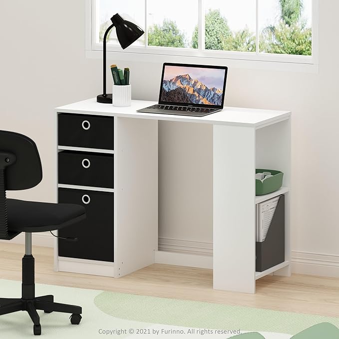 Furinno Jaya Desk, 39.4" Wide Gaming Desk with Drawer Bins, Computer Desk with Side Book Shelf, Writing Desk, Office Desk for Home Office, Study Room, Dorm, Bedroom, White