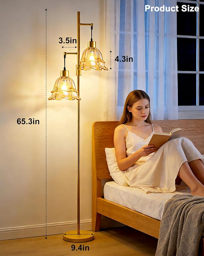 2-Light Modern Glass Floor Lamp, Gold Tall Standing Lamp with Amber Tulip Glass Shade for Reading, Dimmable LED Floor Lamp with Rotary Switch for Living Room Bedroom Home Decor, Bulb Included