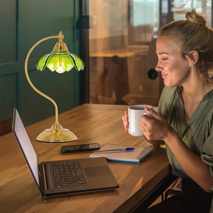 Glass Beside Table Lamp for Bedroom, Plug In Gold Desk Lamp, Vintage Flower Nightstand Lamp, Table Lamps for Living Room, Small Desk Lamps for Home Office, Green Table Light, Flower Lamp Decoration