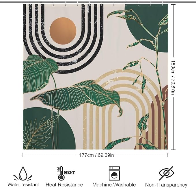 Green Boho Shower Curtain,Retro Abstract Mid Century Minimalist Tropical Modern Bathroom Curtain Polyester Waterproof Fabric Decor 72x72in（183x183cm）