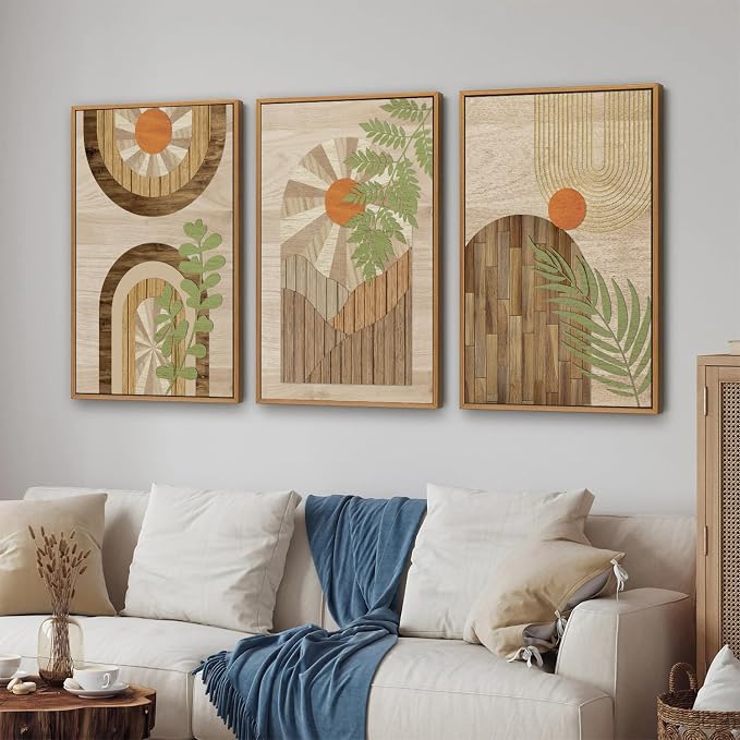 KYLESONLIE Mid Century Modern Framed Canvas Wall Art Set, Boho Wood Geometric Panel Wall Decor, Rustic Wooden Arch Art Painting, Pastel Sage Green Leaf Artwork for Living Room Bedroom Office 16"x24"x3