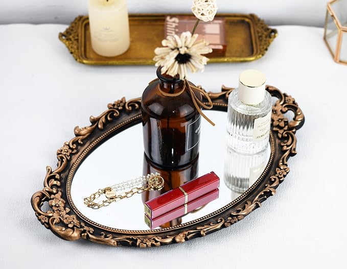 Tstarer Vintage Decorative Gold Framed Mirror, Wall Hanging Mirrors & Tabletop Tray for Bedroom Living Room Dresser Decor, Oval- 9.6" W x 14.3" L (Bronze)