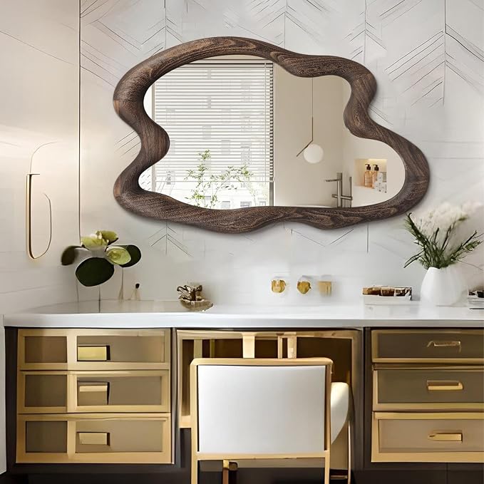AAZZKANG Large Rustic Wall Mirror with Wooden Frame Vintage Irregular Wall Mirror 28"x20"Asymmetrical Hanging Mirror for Bathroom Bedroom Living Room Entryway