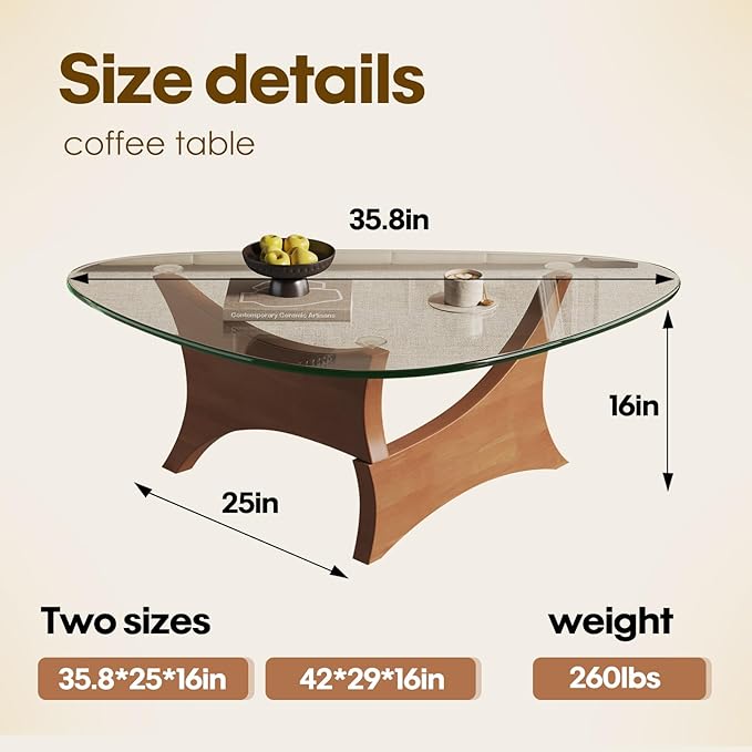 Glass Coffee Table Mid-Century Modern Coffee Table for Living Room Center Table Suitable for Bedroom Living Room Reception Office Tables（Walnut/Transparent，Medium）
