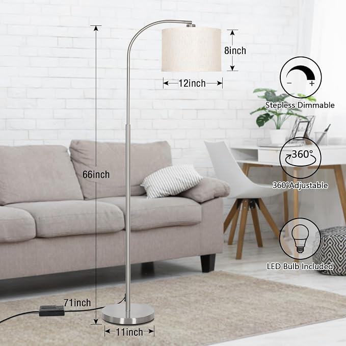 Arc Floor Lamp, Dimmable Floor Lamp for Living Room, Standing Lamp with Adjustable Drum Shade, Tall Pole Lamp for Bedroom Study Room Office, 9W 3000K LED Bulb Included