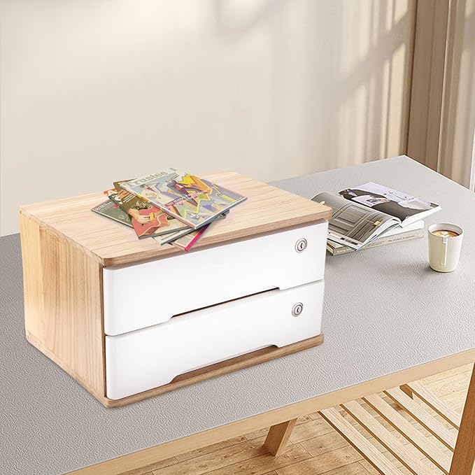 Desktop File Organizer with Lock, 2/3/4 Tier Multi-Drawer Wooden Storage Cabinet, Office Supply Organizer for Home Desk, Study & Workplace (Natural + White, 2 Layers)