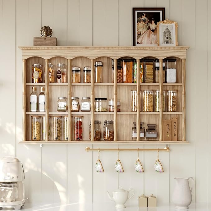 MOUMON Wall Mount Floating Shelf, Kitchen Storage Spice Rack for Seasoning Jam, Wood Floating Shelving Display Organizer Coffee Mug Display Shelf, Living Room, Natural, 7.9”D x 55.1”W x 31.5”H