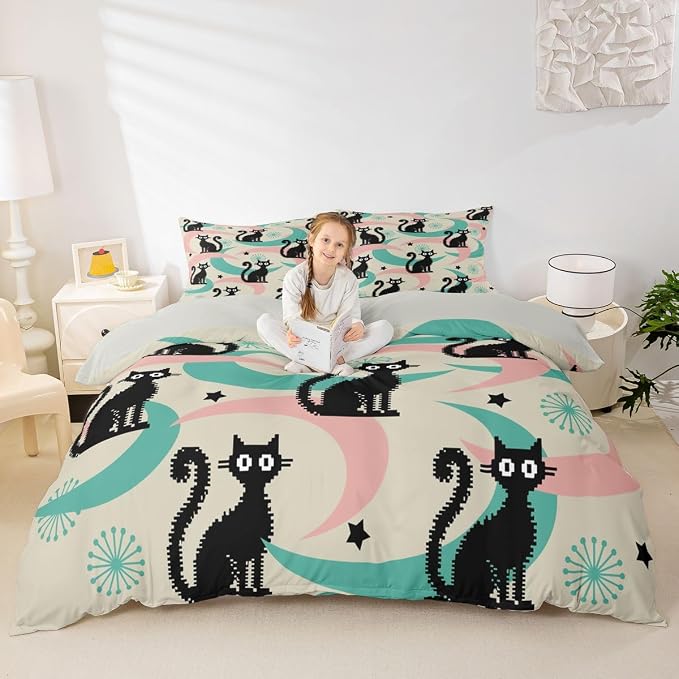 Erosebridal Mid Century Cat Bedding Set King Cute Cartoon Cat Duvet Cover Boho Abstract Geometric Comforter Cover for Kids Girls Boys Adults Retro Groovy Animal Bed Set